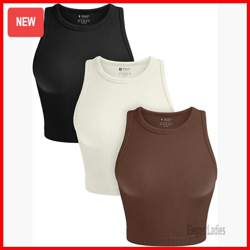 3 Pack Seamless Ribbed Crop Tank Tops High Neck Racerback Workout Yoga